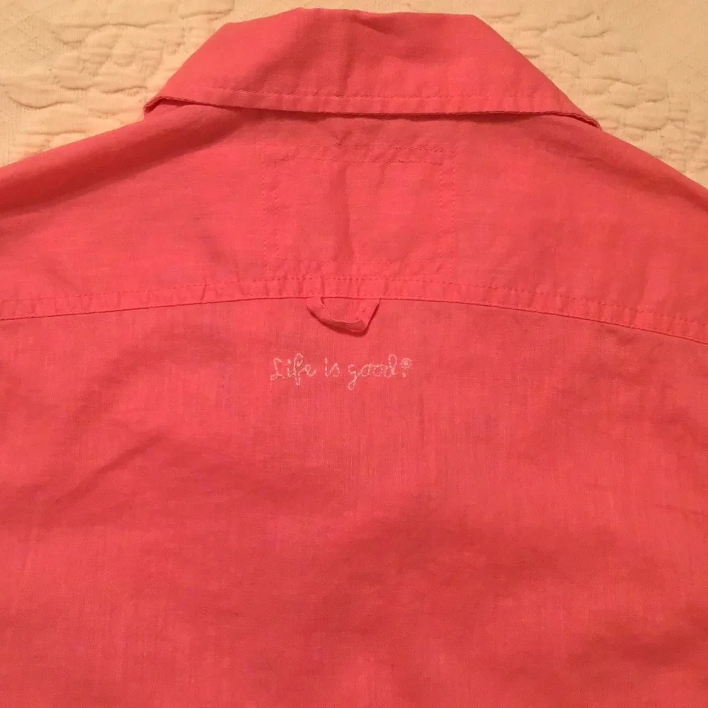 Life is Good Linen Cotton Blend Carnation Pink Button Front Short Sleeve Shirt - Picture 10 of 12